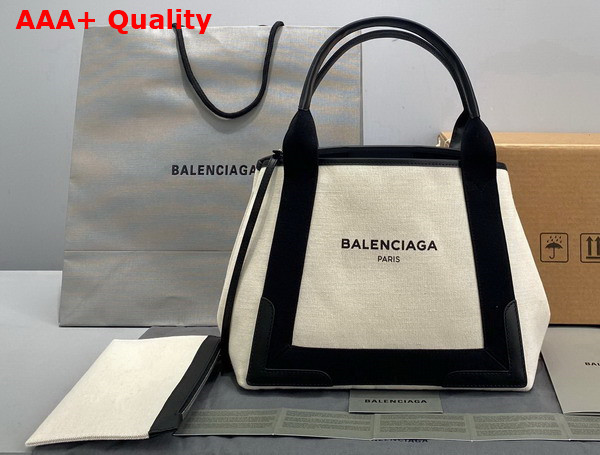 Balenciaga Navy Small Cabas in Off White Cotton Canvas and Black Calfskin Replica