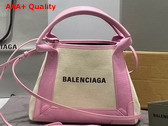 Balenciaga Navy XS Cabas in Light Beige Cotton Canvas and Pink Calfskin Replica