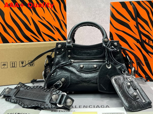 Balenciaga Neo Cagole XS Handbag in Black Arena Lambskin Aged Silver Hardware Replica