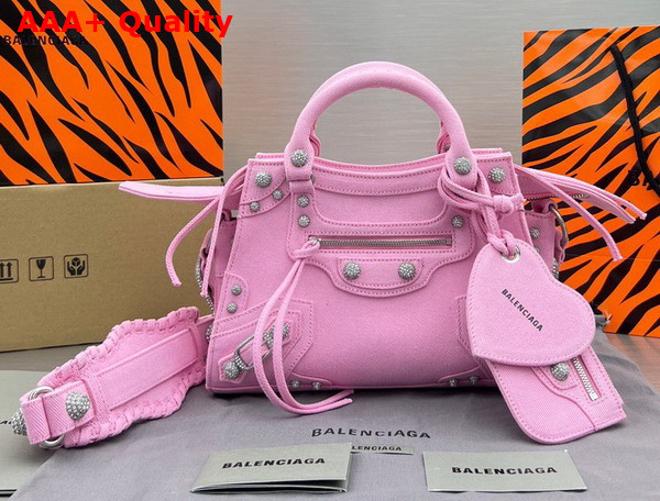 Balenciaga Neo Cagole XS Handbag in Pink Washed and Frayed Denim Aged Silver Hardware with Rhinestones Replica