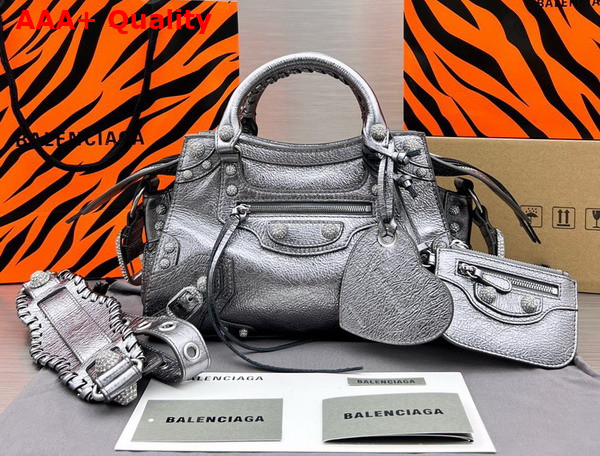 Balenciaga Neo Cagole XS Handbag in Silver Arena Lambskin Aged Silver Hardware with Rhinestones Replica