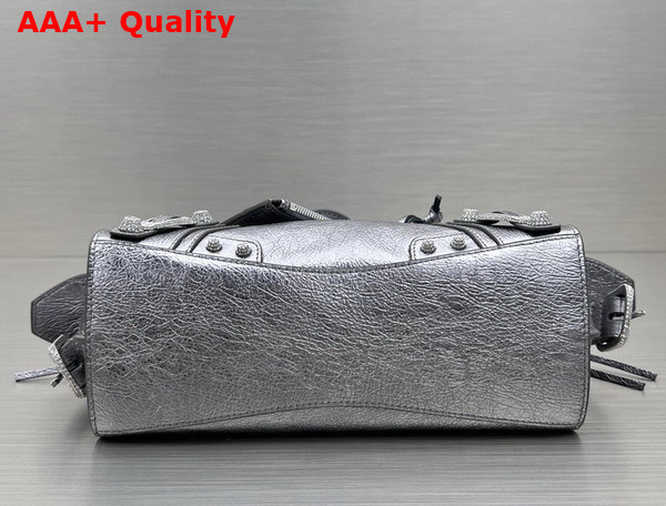 Balenciaga Neo Cagole XS Handbag in Silver Arena Lambskin Aged Silver Hardware with Rhinestones Replica