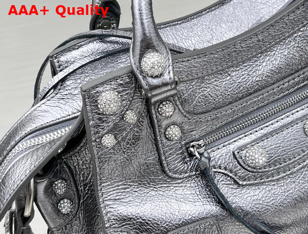 Balenciaga Neo Cagole XS Handbag in Silver Arena Lambskin Aged Silver Hardware with Rhinestones Replica