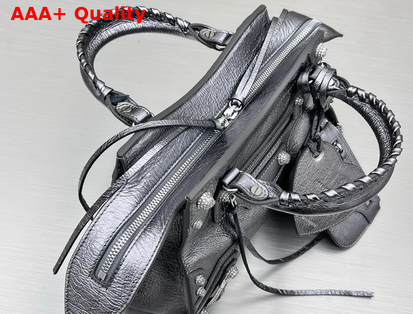 Balenciaga Neo Cagole XS Handbag in Silver Arena Lambskin Aged Silver Hardware with Rhinestones Replica
