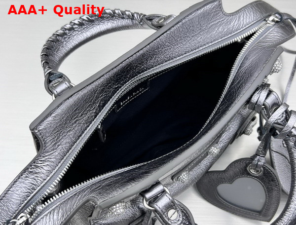 Balenciaga Neo Cagole XS Handbag in Silver Arena Lambskin Aged Silver Hardware with Rhinestones Replica