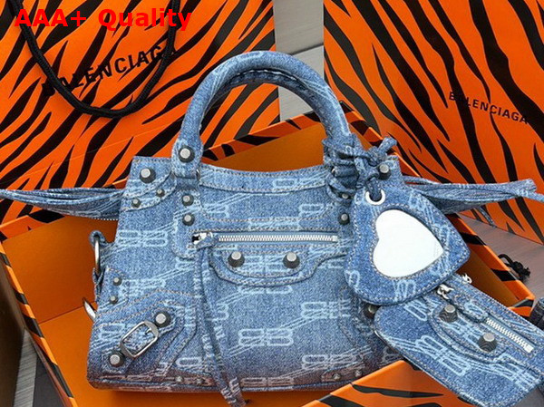 Balenciaga Neo Cagole XS Shoulder Bag in Blue BB Monogram Bleached Denim Aged Silver Hardware Replica