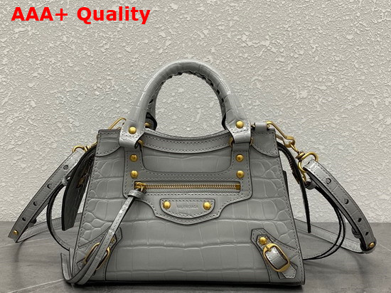Balenciaga Neo Classic Mini Top Handle Bag in Grey Shiny Crocodile Embossed Supple Calfskin Aged Gold Hardware Replica
