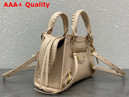 Balenciaga Neo Classic Mini Top Handle Bag in Light Beige Shiny Crocodile Embossed Supple Calfskin Aged Gold Hardware Replica