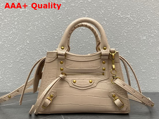 Balenciaga Neo Classic Mini Top Handle Bag in Light Beige Shiny Crocodile Embossed Supple Calfskin Aged Gold Hardware Replica