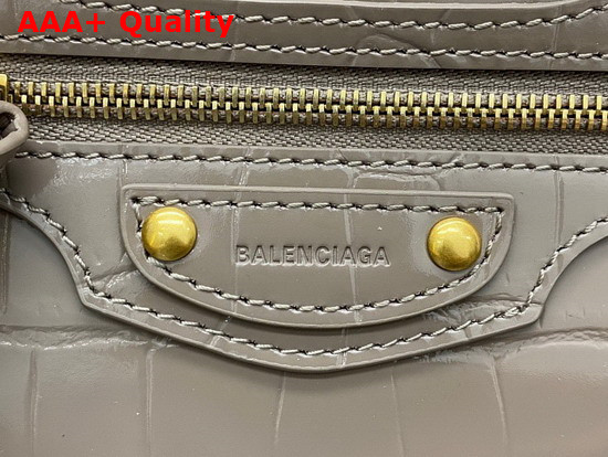 Balenciaga Neo Classic Mini Top Handle Bag in Mink Grey Shiny Crocodile Embossed Calfskin Aged Gold Hardware Replica