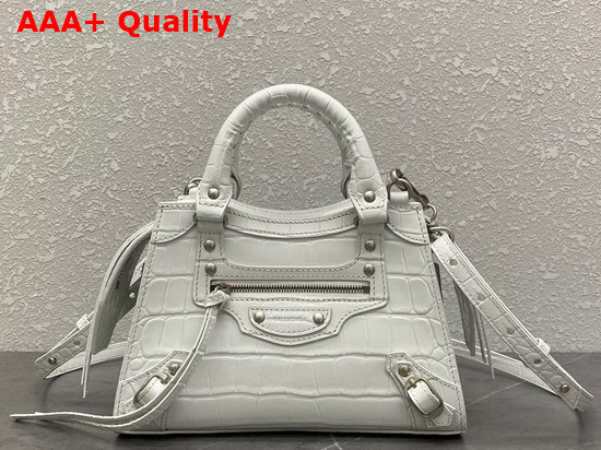 Balenciaga Neo Classic Mini Top Handle Bag in White Shiny Crocodile Embossed Calfskin Aged Silver Hardware Replica