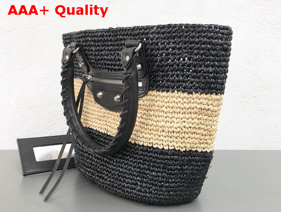 Balenciaga Panier Leather Trimmed Raffia Tote Black and Beige Replica