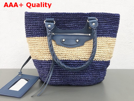 Balenciaga Panier Leather Trimmed Raffia Tote Blue and Beige Replica