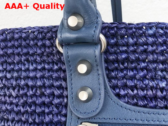 Balenciaga Panier Leather Trimmed Raffia Tote Blue and Beige Replica