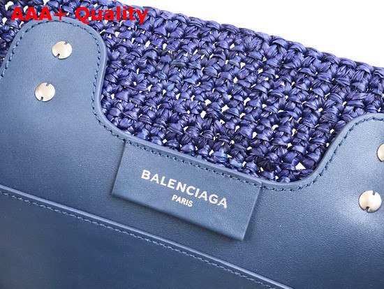 Balenciaga Panier Leather Trimmed Raffia Tote Blue and Beige Replica