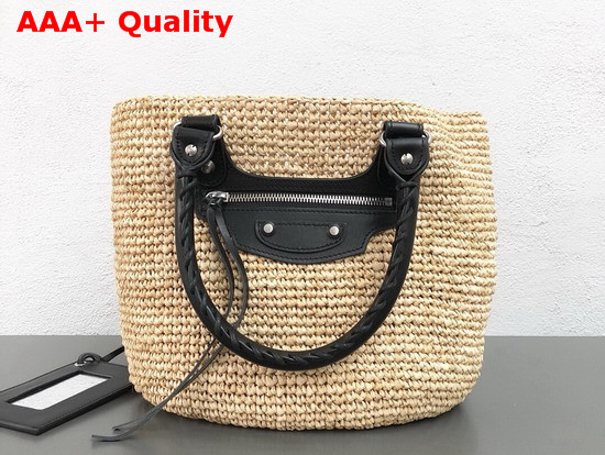 Balenciaga Panier Leather Trimmed Raffia Tote in Beige Replica