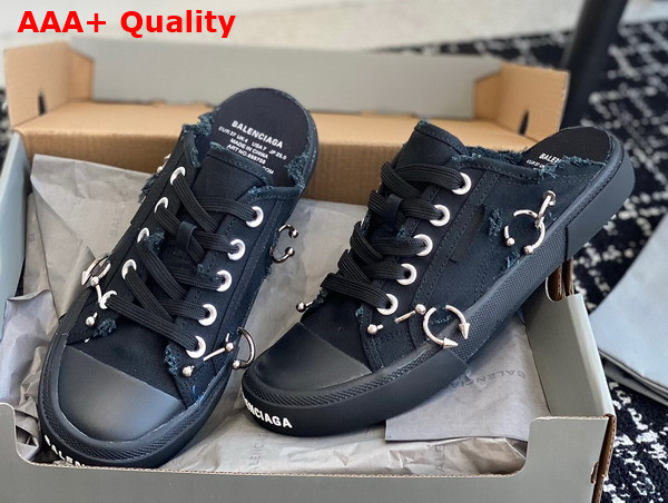 Balenciaga Paris Mule in Black Destroyed Canvas with Piercings Replica
