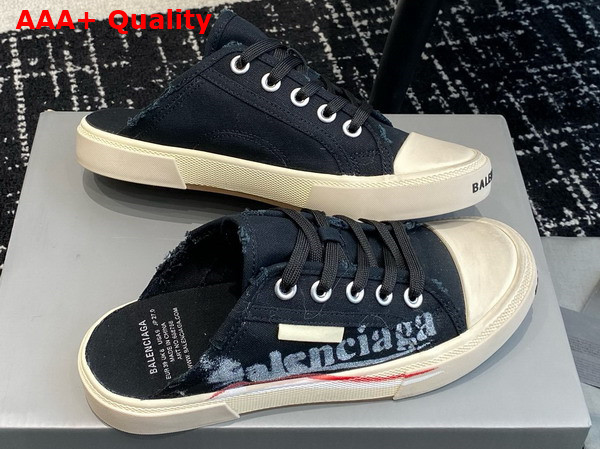 Balenciaga Paris Mule in Black Destroyed Cotton with Balenciaga Print Replica