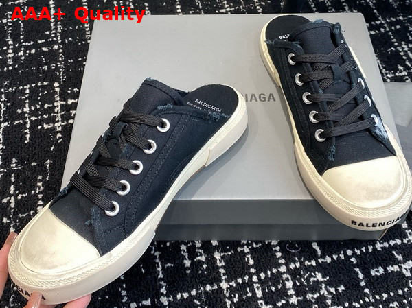 Balenciaga Paris Mule in Black Destroyed Cotton with Balenciaga Print Replica