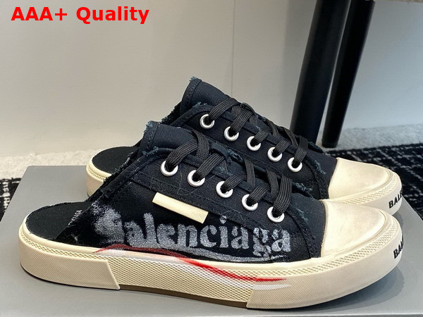 Balenciaga Paris Mule in Black Destroyed Cotton with Balenciaga Print Replica