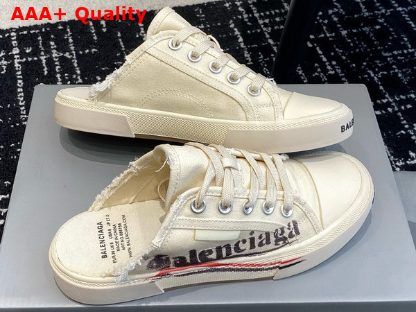 Balenciaga Paris Mule in White Destroyed Cotton with Balenciaga Print Replica