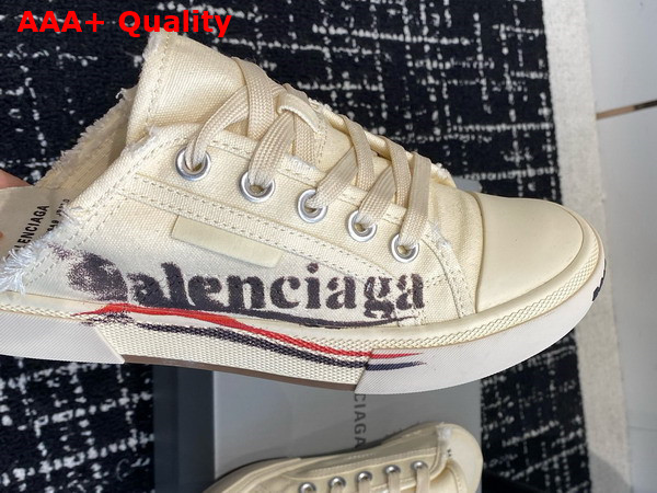 Balenciaga Paris Mule in White Destroyed Cotton with Balenciaga Print Replica