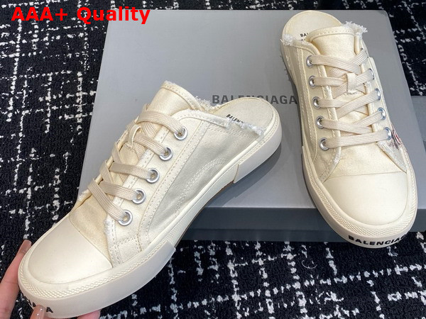 Balenciaga Paris Mule in White Destroyed Cotton with Balenciaga Print Replica