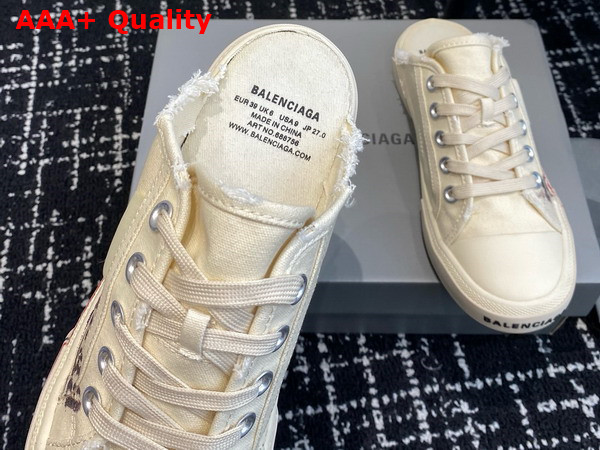 Balenciaga Paris Mule in White Destroyed Cotton with Balenciaga Print Replica