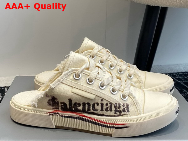 Balenciaga Paris Mule in White Destroyed Cotton with Balenciaga Print Replica