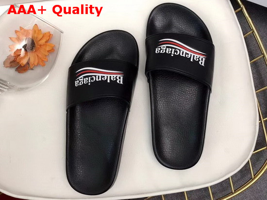 Balenciaga Pool Sandals Black Lambskin with Balenciaga Political Campain Logo on The Strap Replica