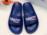 Balenciaga Pool Sandals Bleu Ocean Lambskin with Balenciaga Political Campain Logo on The Strap Replica