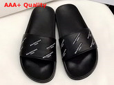 Balenciaga Pool Sandals in Black Lambskin with All Over Balenciaga Logo Replica