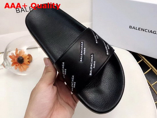 Balenciaga Pool Sandals in Black Lambskin with All Over Balenciaga Logo Replica