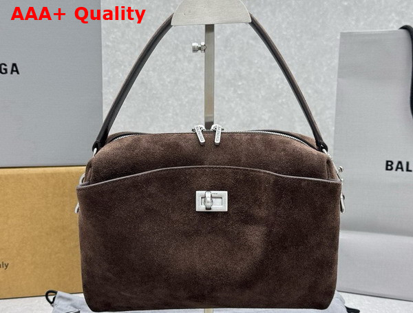 Balenciaga Rodeo Camera Bag in Light Espresso Waxed Suede Calfskin and Smooth Calfskin Aged Silver Hardware Replica