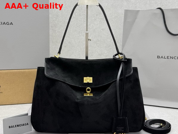 Balenciaga Rodeo Handbag Medium in Black Suede Calfskin and Smooth Calfskin Aged Gold Hardware Replica
