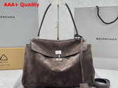 Balenciaga Rodeo Handbag Medium in Light Espresso Waxed Suede Calfskin and Smooth Calfskin Aged Silver Hardware Replica