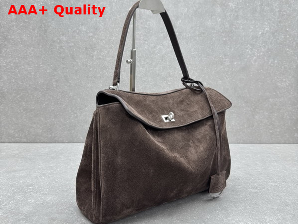 Balenciaga Rodeo Handbag Medium in Light Espresso Waxed Suede Calfskin and Smooth Calfskin Aged Silver Hardware Replica