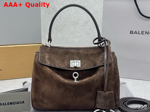 Balenciaga Rodeo Handbag Mini in Light Espresso Waxed Suede Calfskin and Smooth Calfskin Aged Silver Hardware Replica