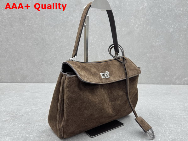 Balenciaga Rodeo Handbag Small in Light Espresso Waxed Suede Calfskin and Smooth Calfskin Aged Silver Hardware Replica