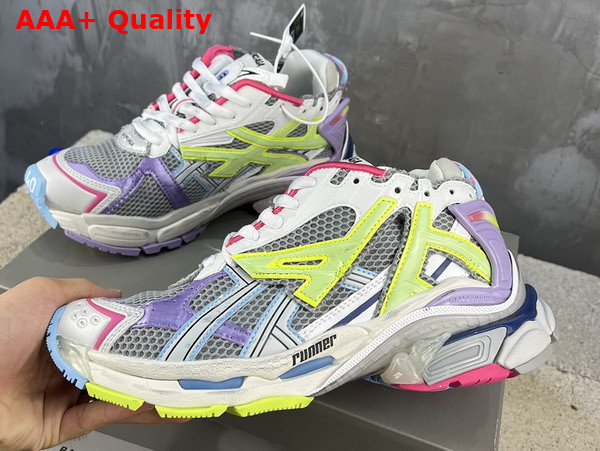 Balenciaga Runner Sneaker in Grey Light Purple Neon Yellow and White Mesh and Nylon Replica