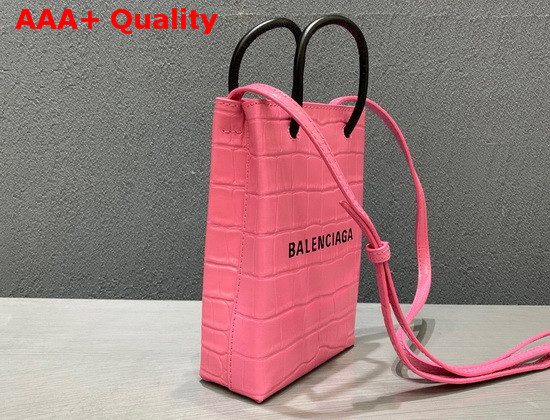 Balenciaga Shopping Phone Holder in Bright Pink Crocodile Embossed Calfskin Replica