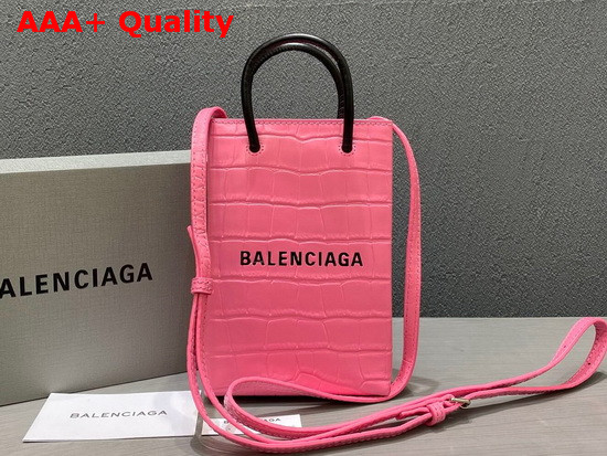 Balenciaga Shopping Phone Holder in Bright Pink Crocodile Embossed Calfskin Replica