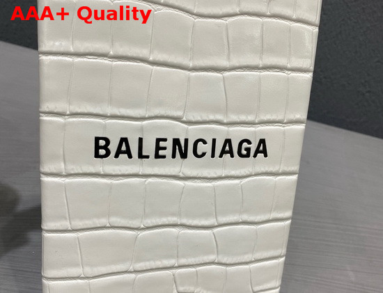 Balenciaga Shopping Phone Holder in White Crocodile Embossed Calfskin Replica