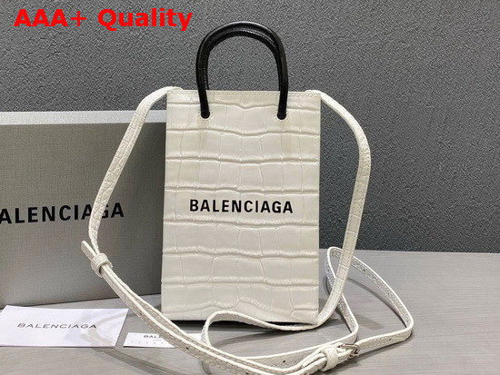 Balenciaga Shopping Phone Holder in White Crocodile Embossed Calfskin Replica