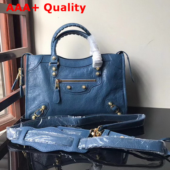 Balenciaga Small City Bag New Blue Crackle Lambskin Replica