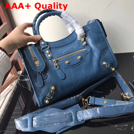 Balenciaga Small City Bag New Blue Crackle Lambskin Replica