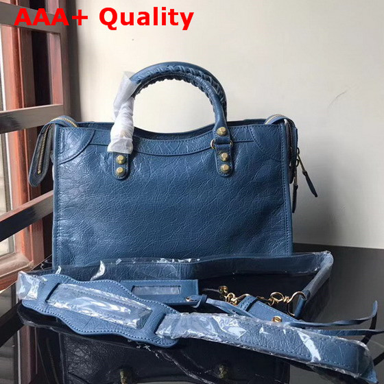 Balenciaga Small City Bag New Blue Crackle Lambskin Replica