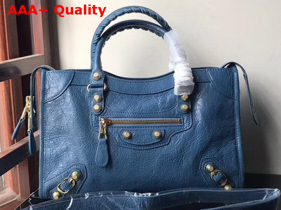 Balenciaga Small City Bag New Blue Crackle Lambskin Replica