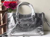 Balenciaga Small City Bag in Silver Crackle Lambskin Replica