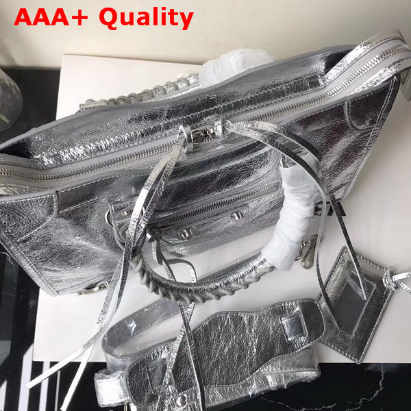 Balenciaga Small City Bag in Silver Crackle Lambskin Replica